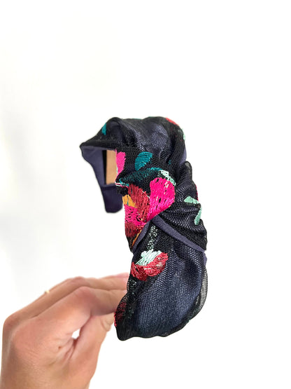 Navy Floral Embroidered Top Knot Headband, Satin Base