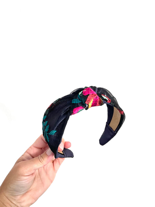 Navy Floral Embroidered Top Knot Headband, Satin Base