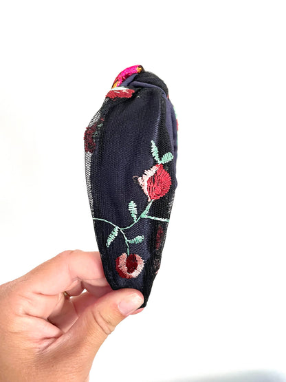 Navy Floral Embroidered Top Knot Headband, Satin Base