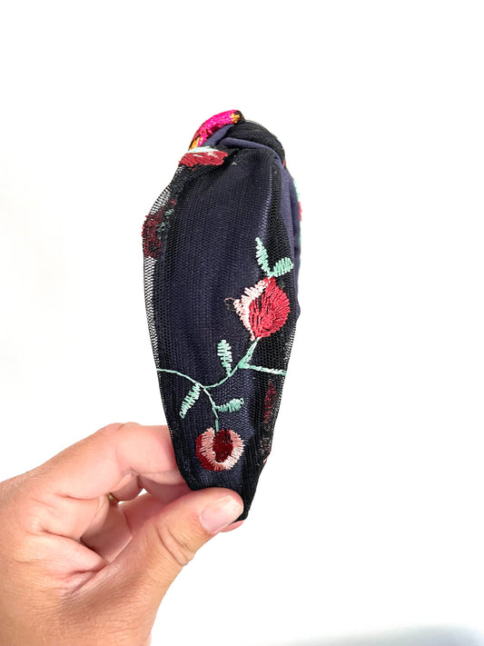 Navy Floral Embroidered Top Knot Headband, Satin Base