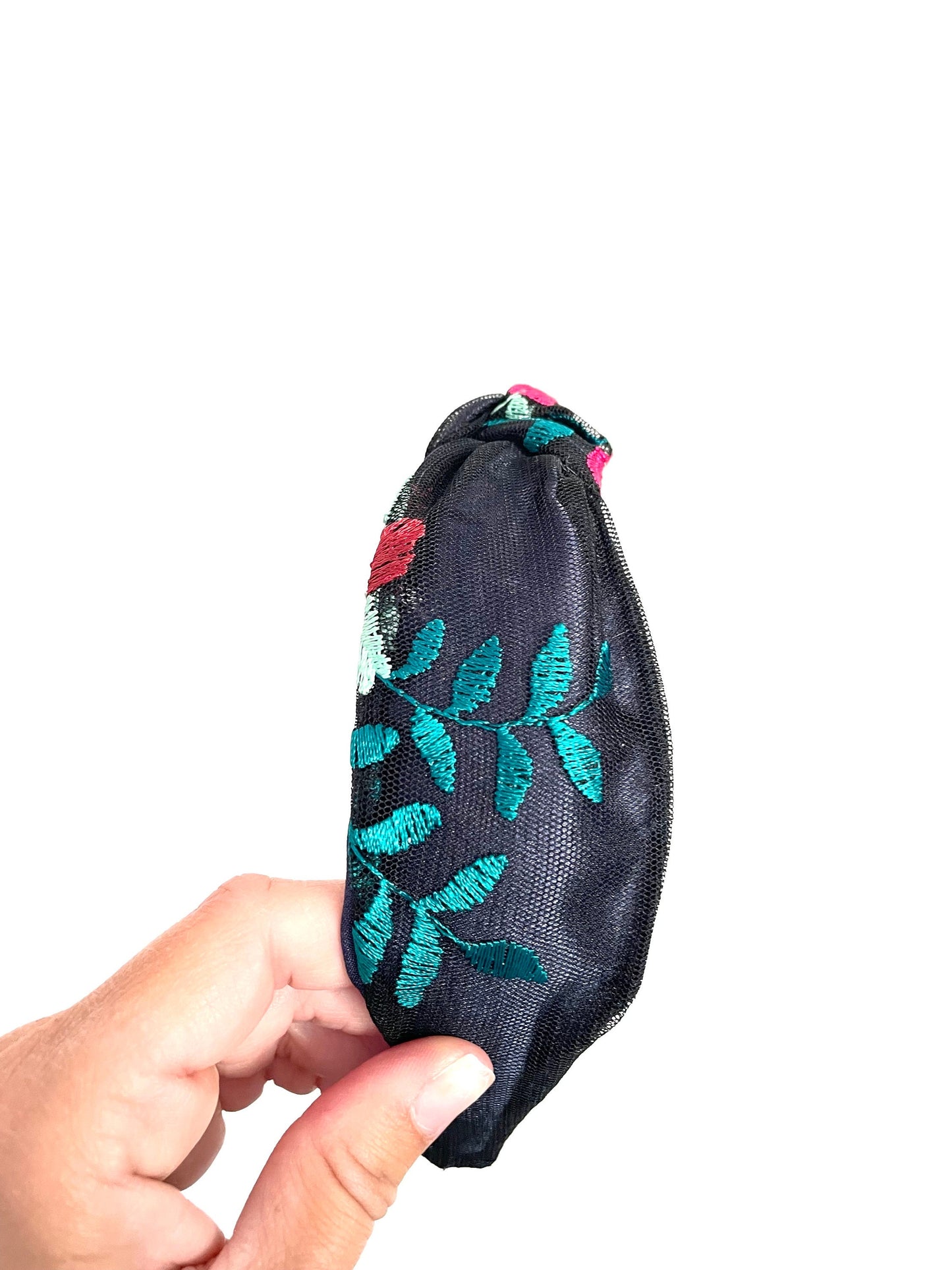 Navy Floral Embroidered Top Knot Headband, Satin Base