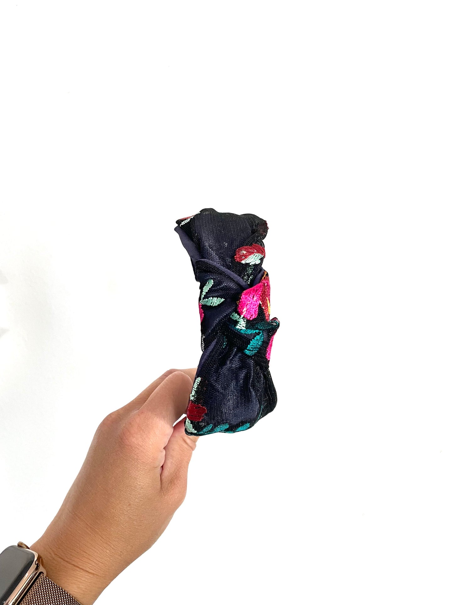Navy Floral Embroidered Top Knot Headband, Satin Base