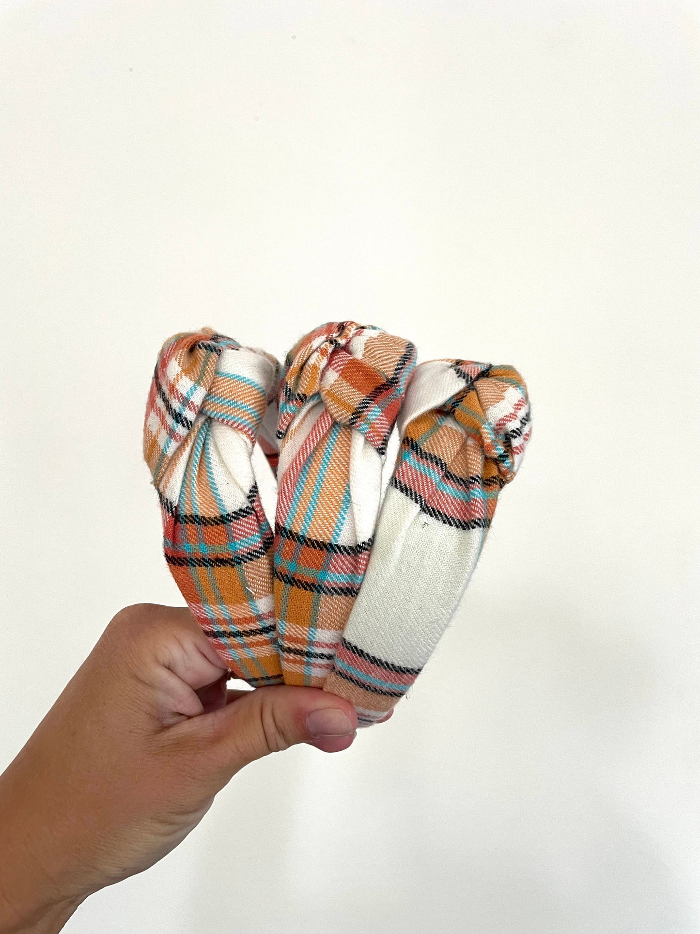 Orange Cream Plaid Top Knot Cotton Headband, Fall Hair