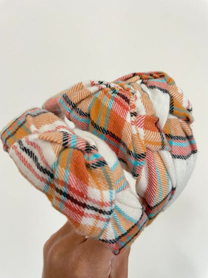 Orange Cream Plaid Top Knot Cotton Headband, Fall Hair