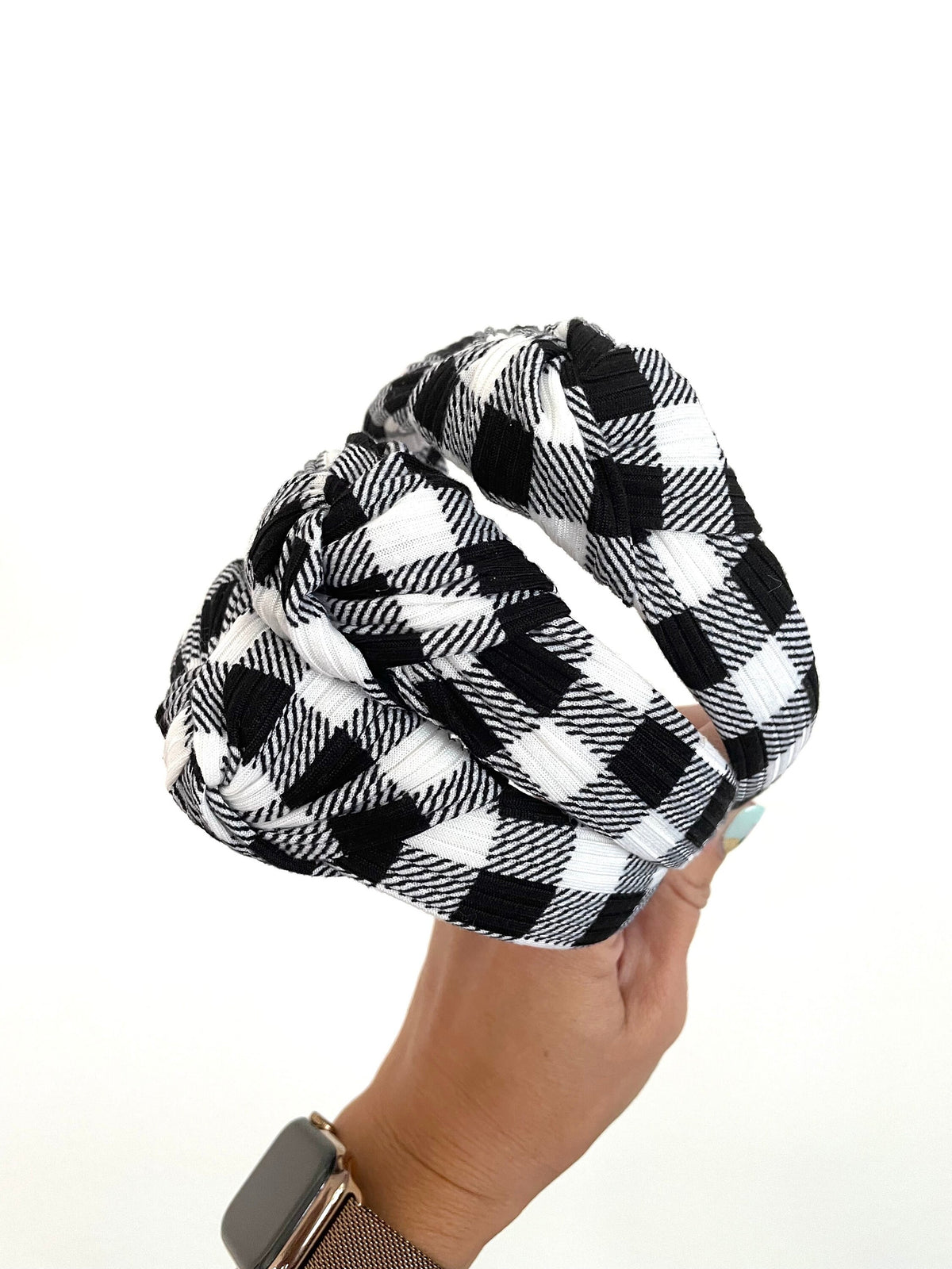 Black White Plaid Top Knot,  Rib Knit Headband,Fall Headband, Brynnbands, Hard Headband, Knotted Headband, Fall Hair