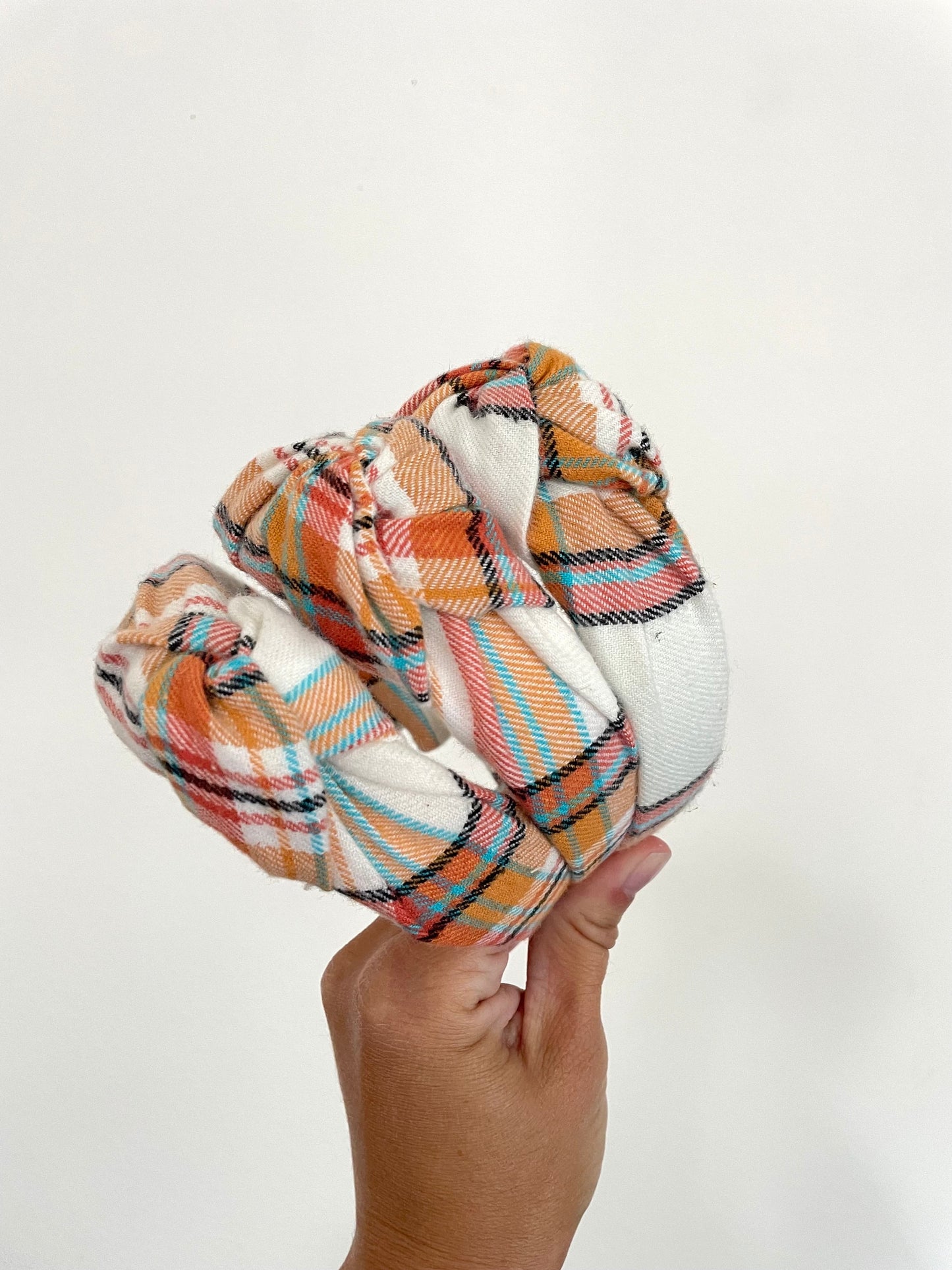 Orange Cream Plaid Top Knot Cotton Headband, Fall Hair