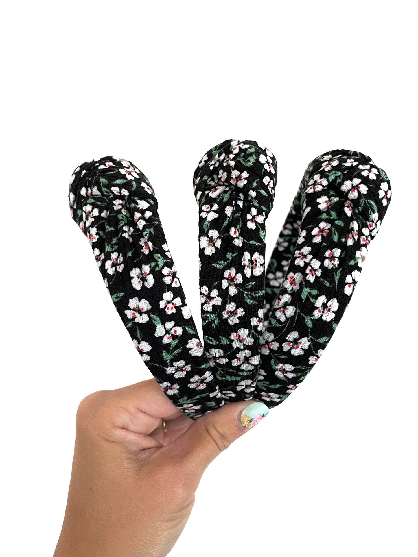 Black Floral Top Knot Headband: Rib Knit Fall Hair Accessory