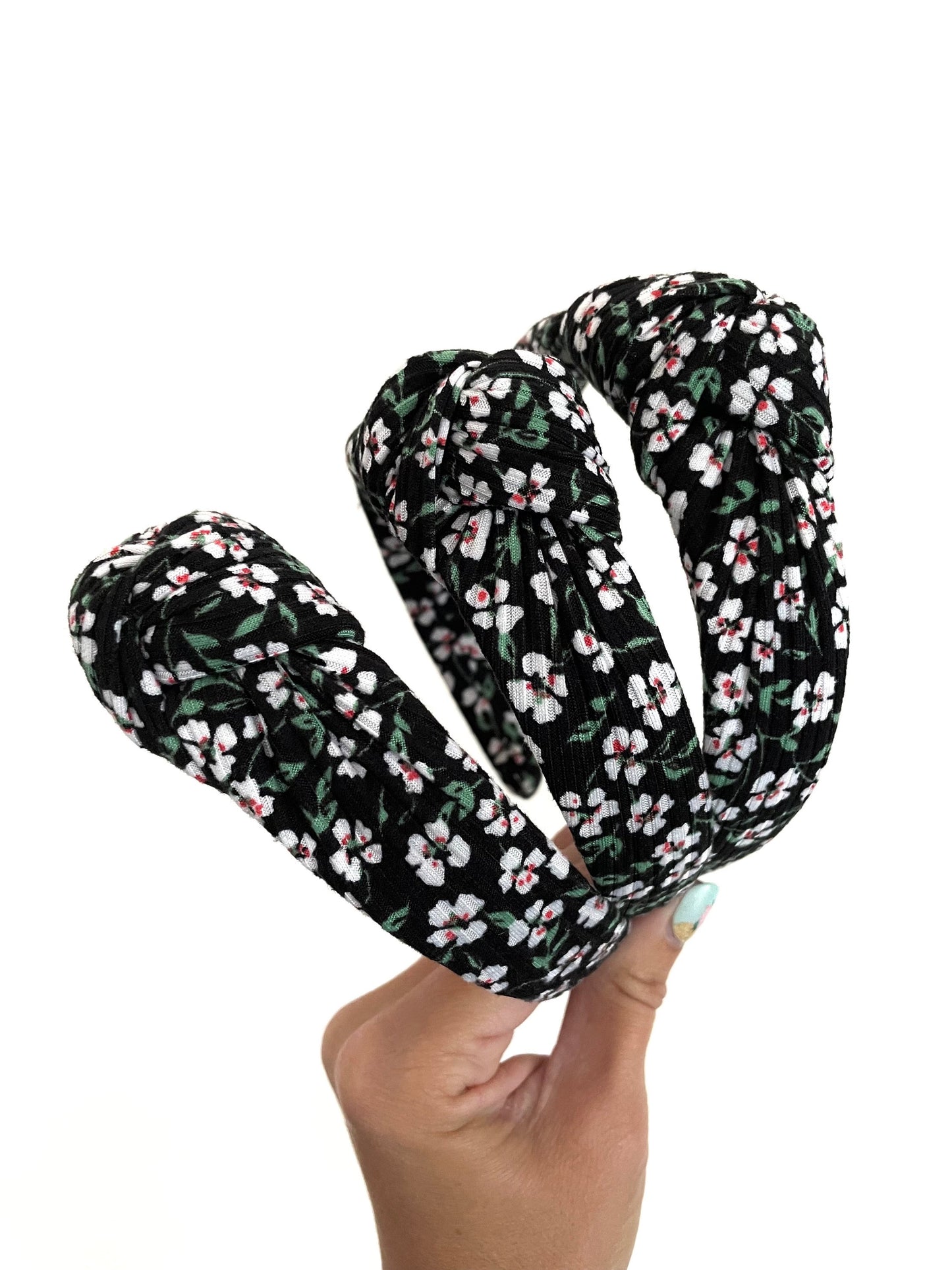 Black Floral Top Knot Headband: Rib Knit Fall Hair Accessory