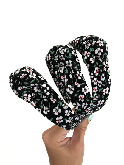 Black Floral Top Knot Headband: Rib Knit Fall Hair Accessory