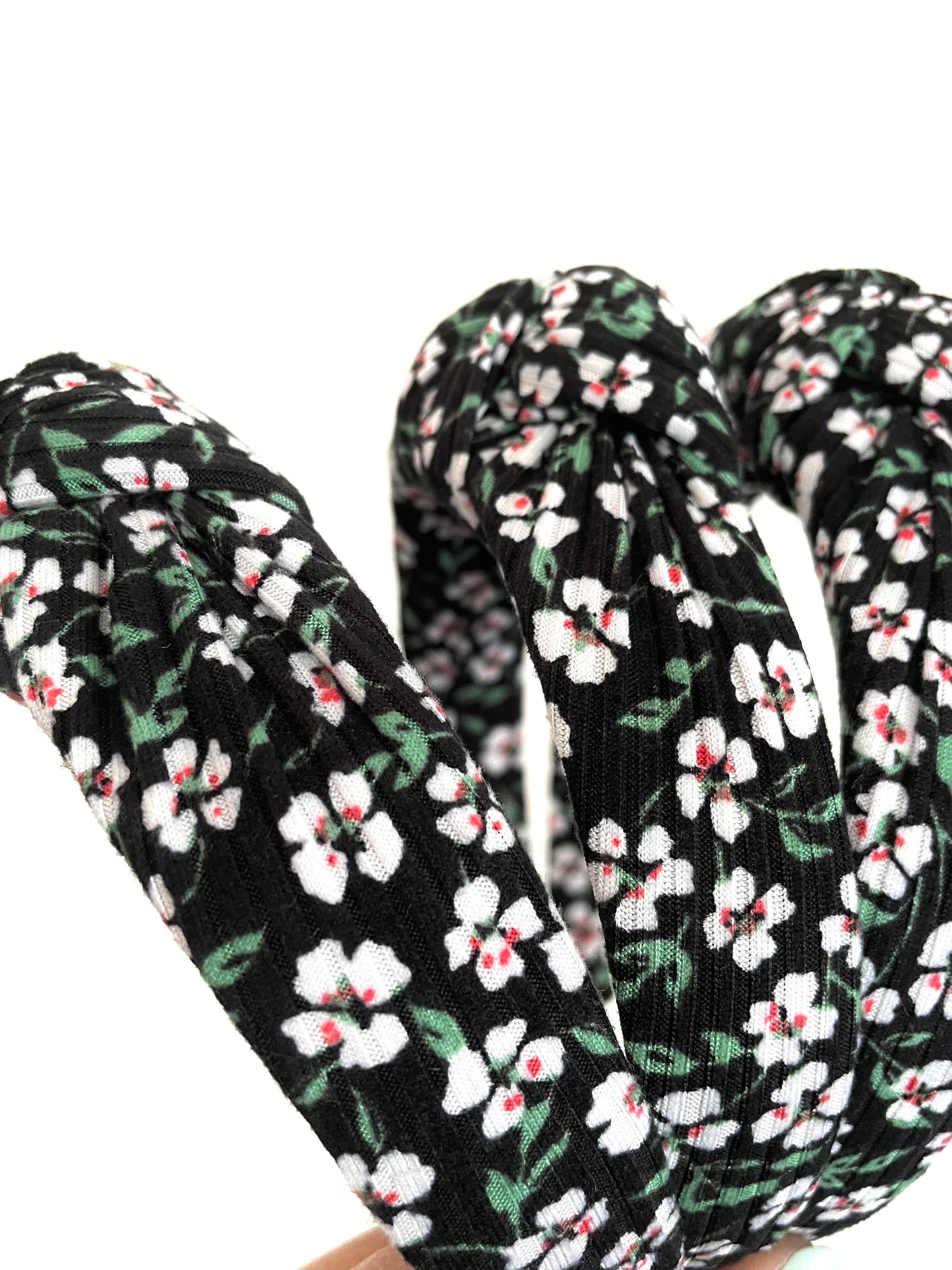 Black Floral Top Knot Headband: Rib Knit Fall Hair Accessory
