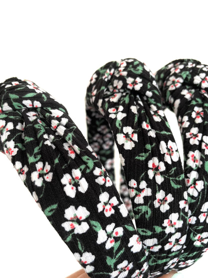 Black Floral Top Knot Headband: Rib Knit Fall Hair Accessory