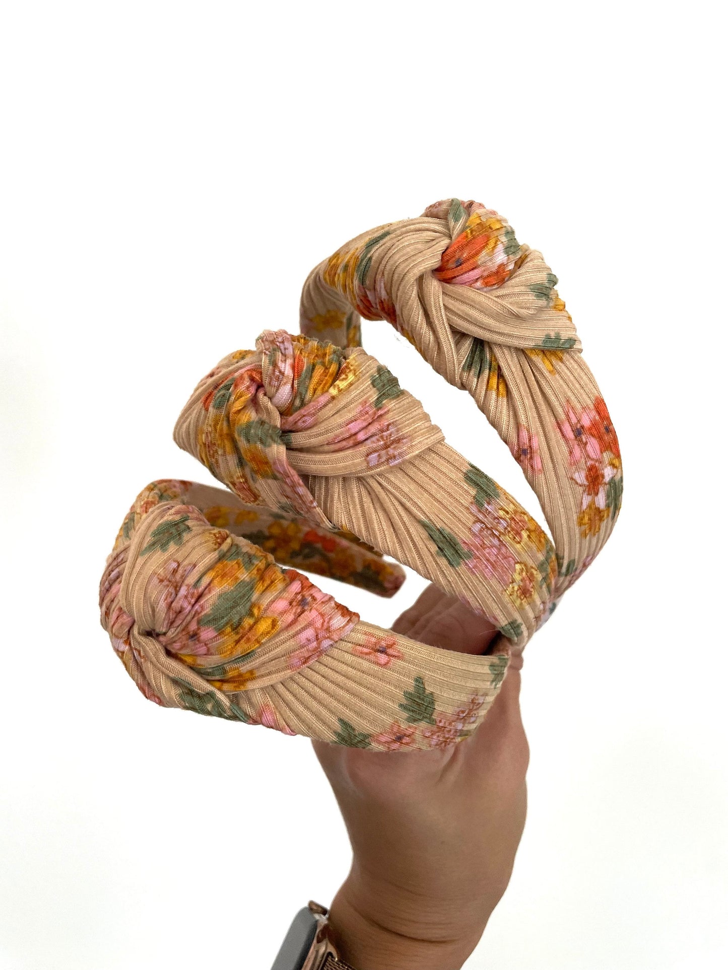 Tan Floral Rib Knit Top Knot,  Floral Headband,Fall Headband, Brynnbands, Hard Headband, Knotted Headband, Fall Hair