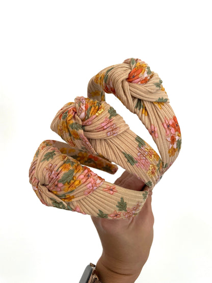 Tan Floral Rib Knit Top Knot,  Floral Headband,Fall Headband, Brynnbands, Hard Headband, Knotted Headband, Fall Hair