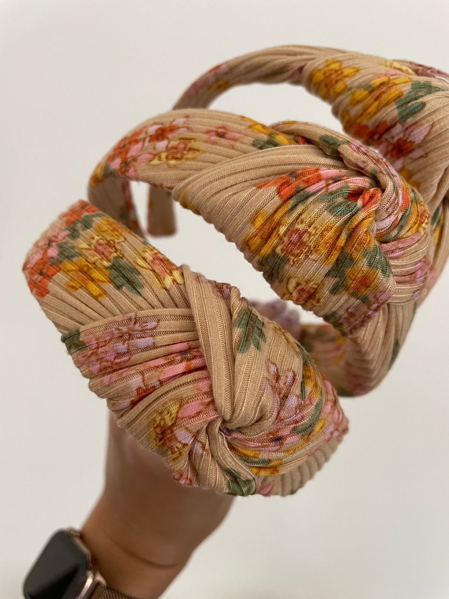 Tan Floral Rib Knit Top Knot,  Floral Headband,Fall Headband, Brynnbands, Hard Headband, Knotted Headband, Fall Hair