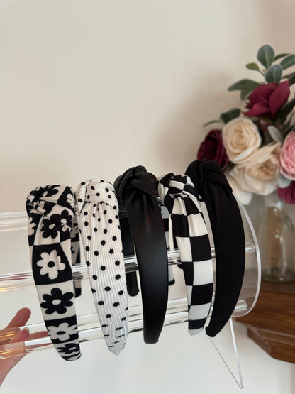 Women's Knotted Headband, Black & White Hard Headband, Brynnbands