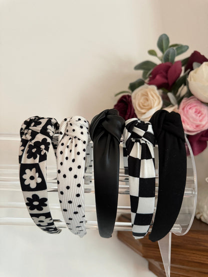 Women's Knotted Headband, Black & White Hard Headband, Brynnbands