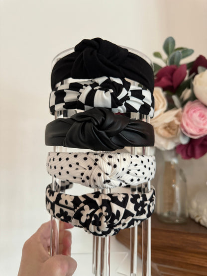 Women's Knotted Headband, Black & White Hard Headband, Brynnbands