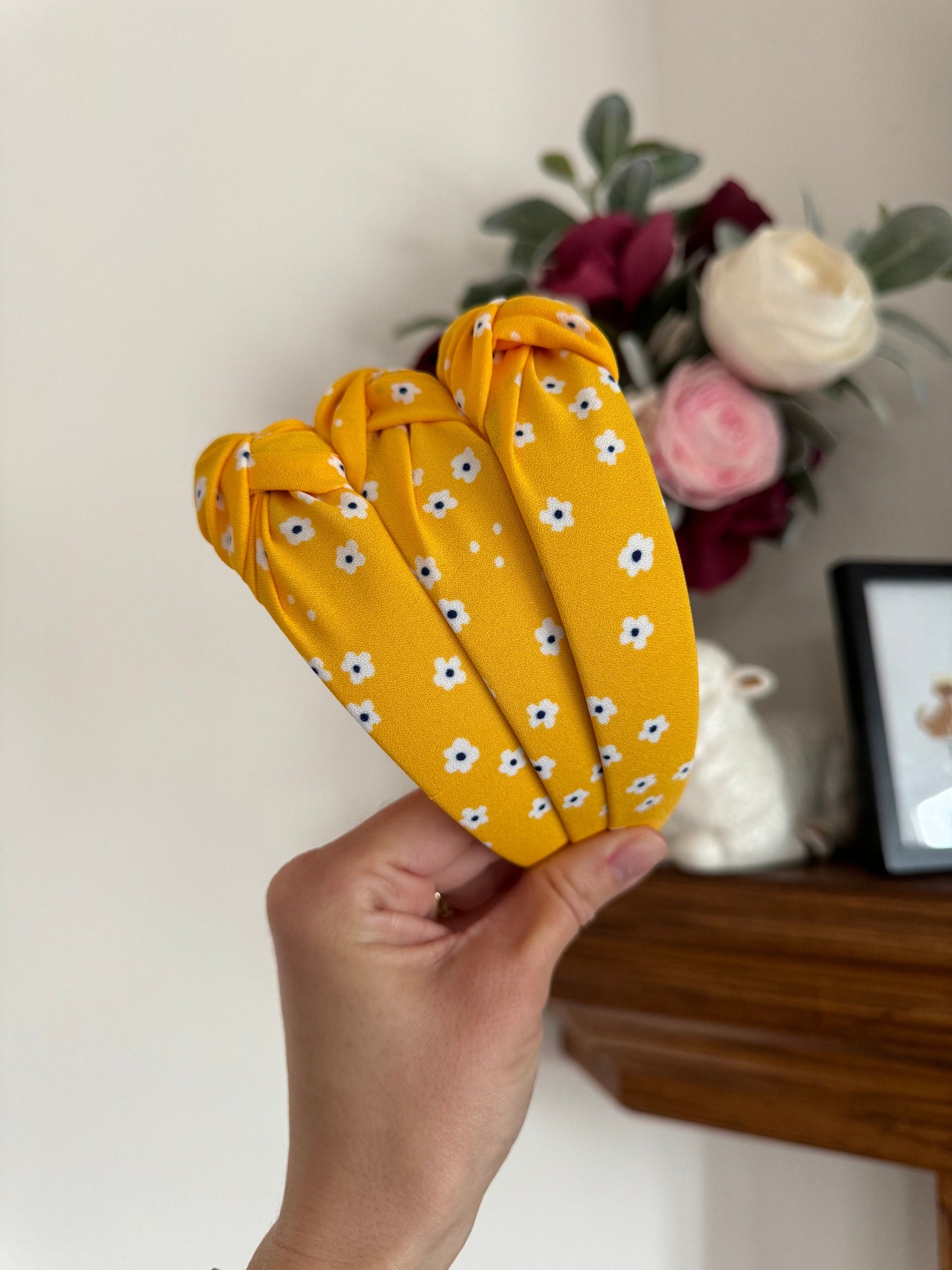 Daisy Headband, Yellow Daisies, Chiffon Top Knot Headband, Brynnbands, Hard Headband, Knotted Headband, Top Knot