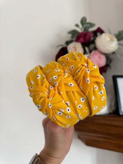 Daisy Headband, Yellow Daisies, Chiffon Top Knot Headband, Brynnbands, Hard Headband, Knotted Headband, Top Knot