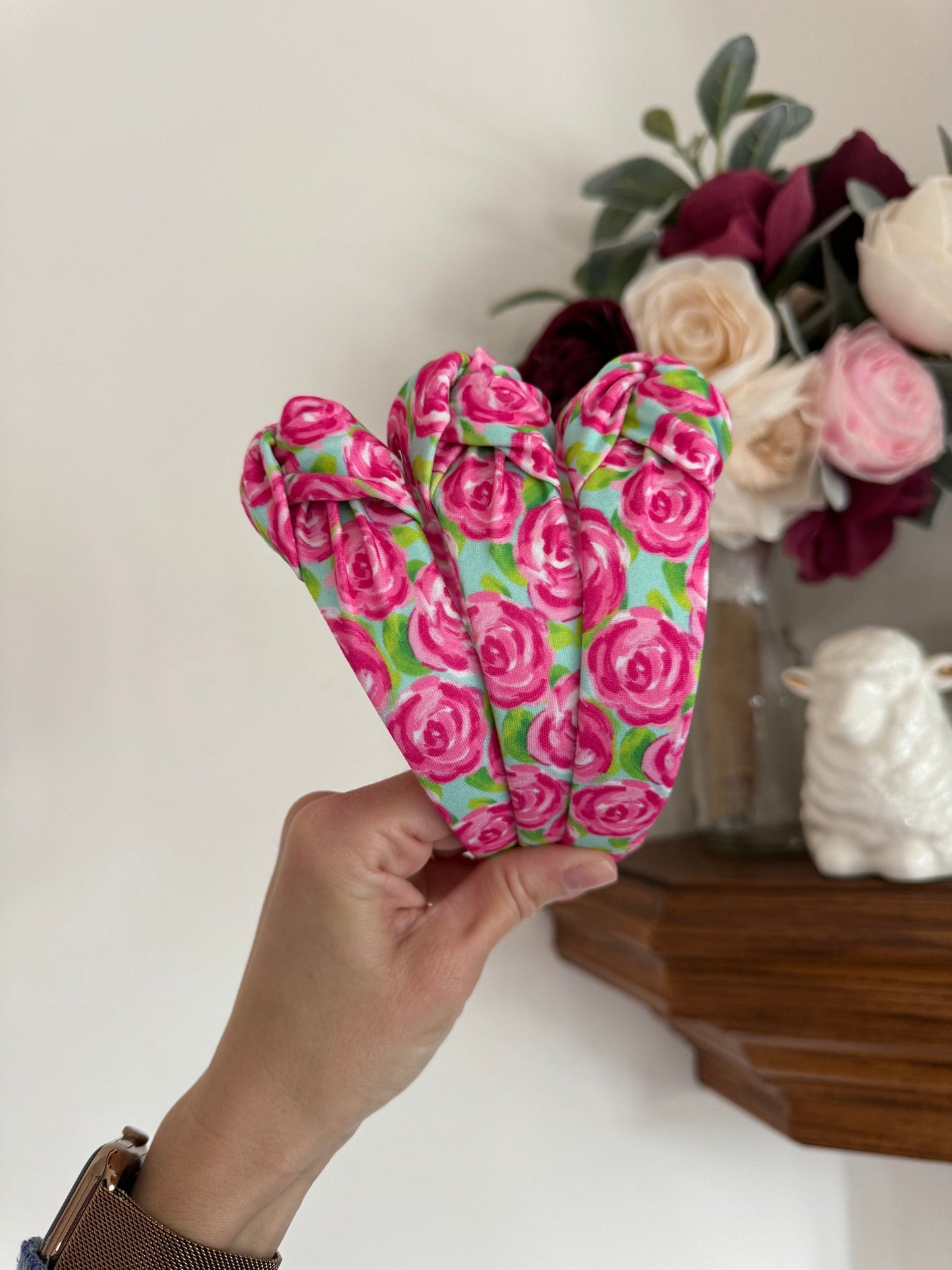 Roses Top Knot, Beachy Vibes Headband, Pink Floral Headband, Brynnbands, Hard Headband, Knotted Headband, Spring Headband