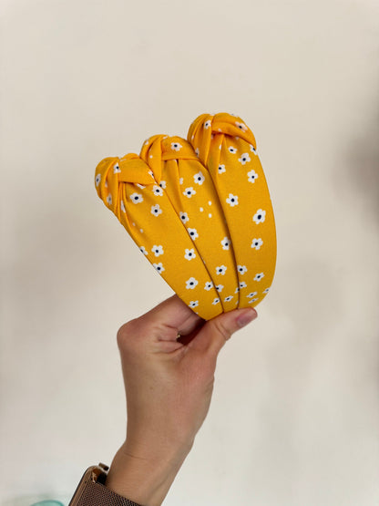 Daisy Headband, Yellow Daisies, Chiffon Top Knot Headband, Brynnbands, Hard Headband, Knotted Headband, Top Knot