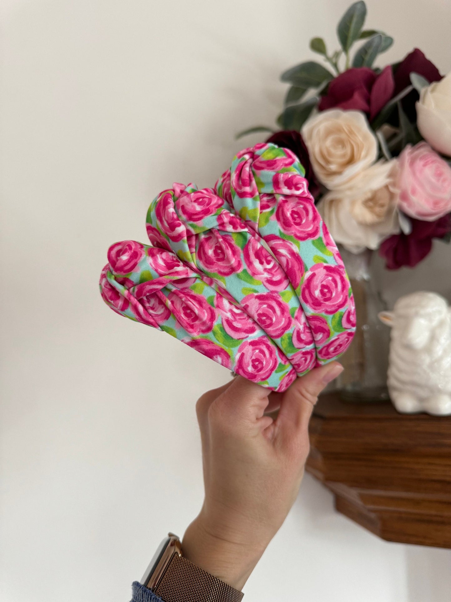 Roses Top Knot, Beachy Vibes Headband, Pink Floral Headband, Brynnbands, Hard Headband, Knotted Headband, Spring Headband