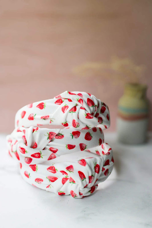 Strawberry Print Knotted Headband - Handmade Fabric Headband