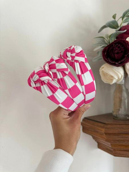 Hot Pink Checkered Top Knot, Top Knot Headband, Pink Headband, Brynnbands, Hard Headband, Knotted Headband,
