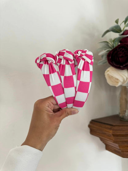 Hot Pink Checkered Top Knot, Top Knot Headband, Pink Headband, Brynnbands, Hard Headband, Knotted Headband,