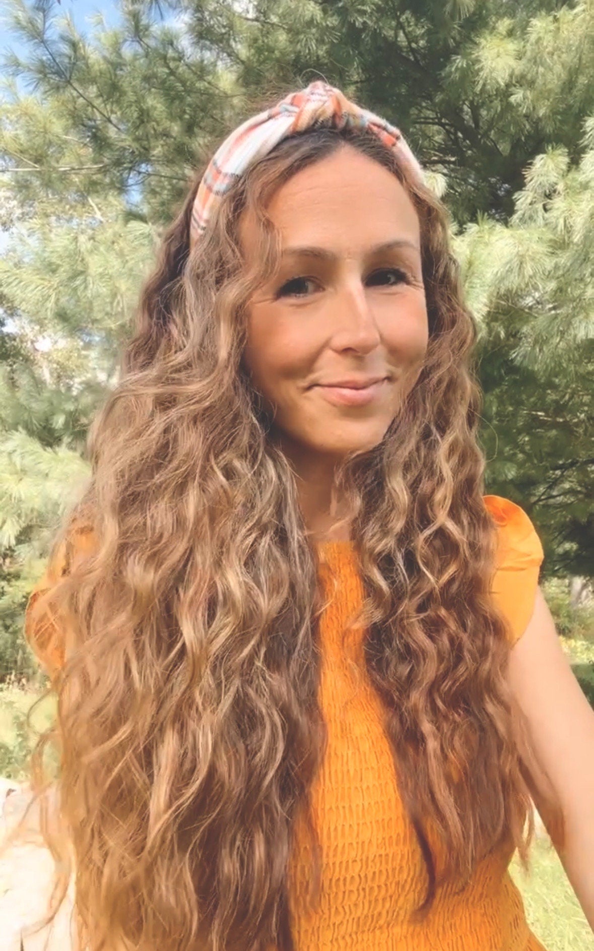 Orange Cream Plaid Top Knot Cotton Headband, Fall Hair