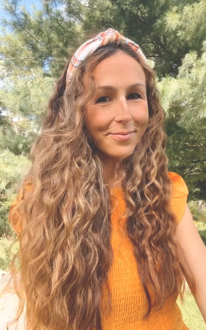 Orange Cream Plaid Top Knot Cotton Headband, Fall Hair