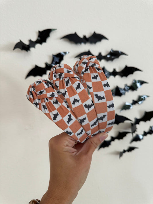 Checkered Bats Headband, Halloween Headband, Brynnbands, Hard Headband, Fall Headband, Top Knot, Top Knot Headband,