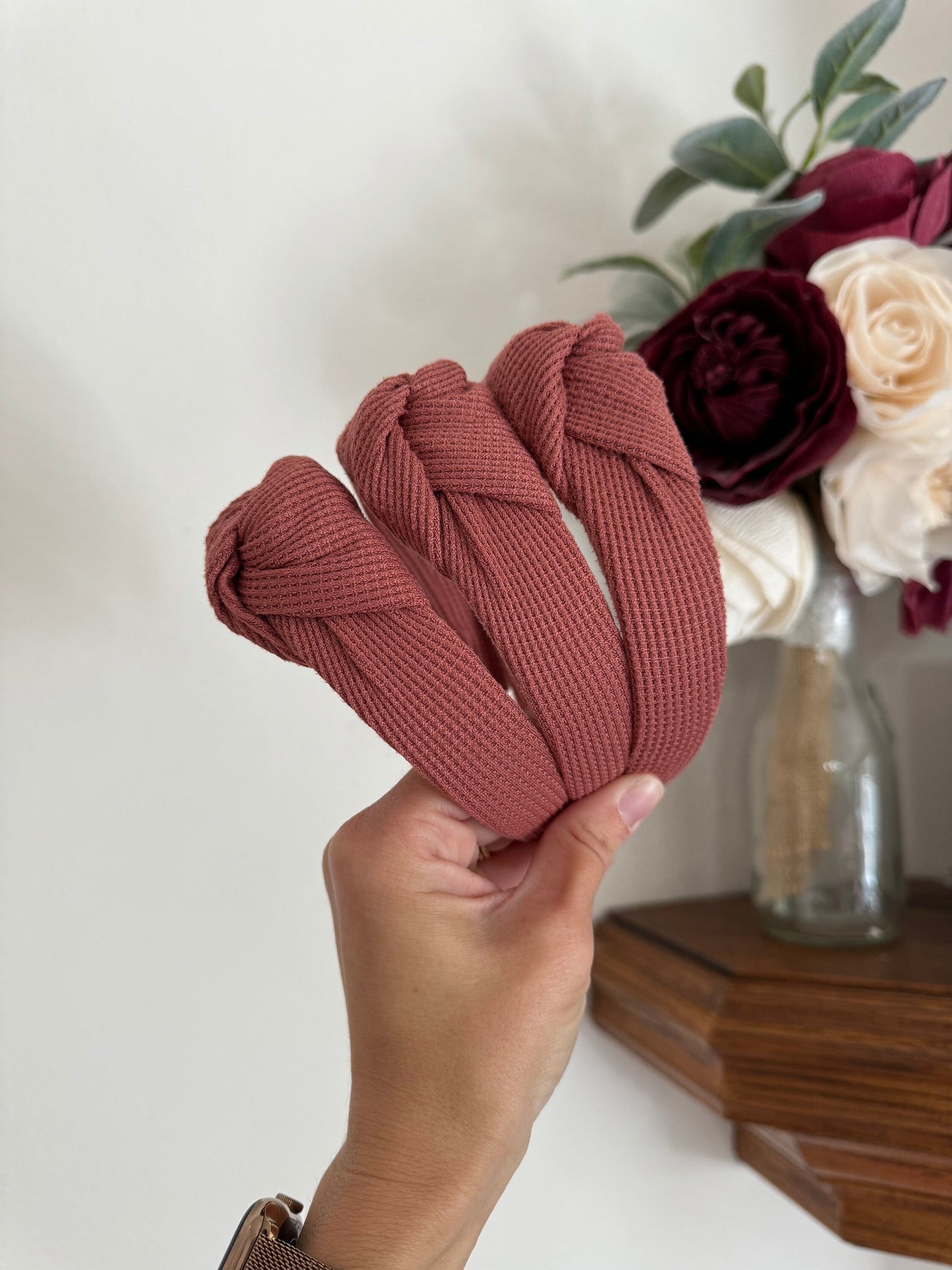 Rose Thermal Top Knot Headband, Waffle Knit