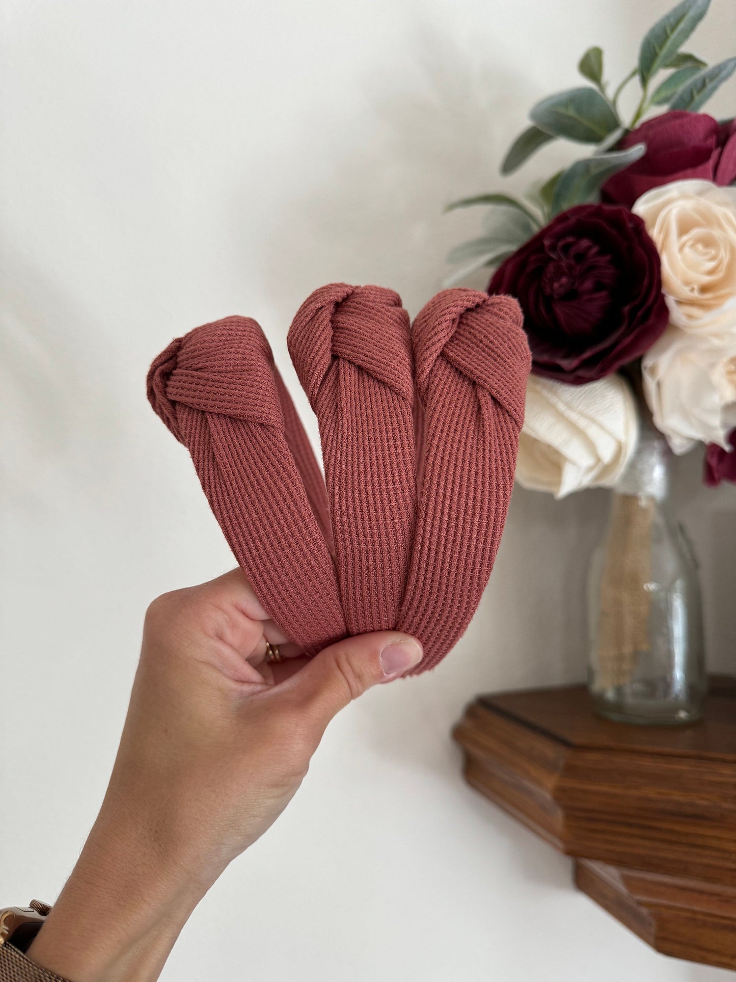 Rose Thermal Top Knot Headband, Waffle Knit