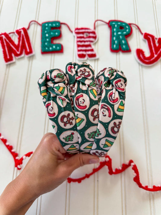 Green Sugar Christmas Cookies Top Knot Headband, holiday headband,  Hard Headband , Christmas  Headband, Bendable Headband, Brynnbands