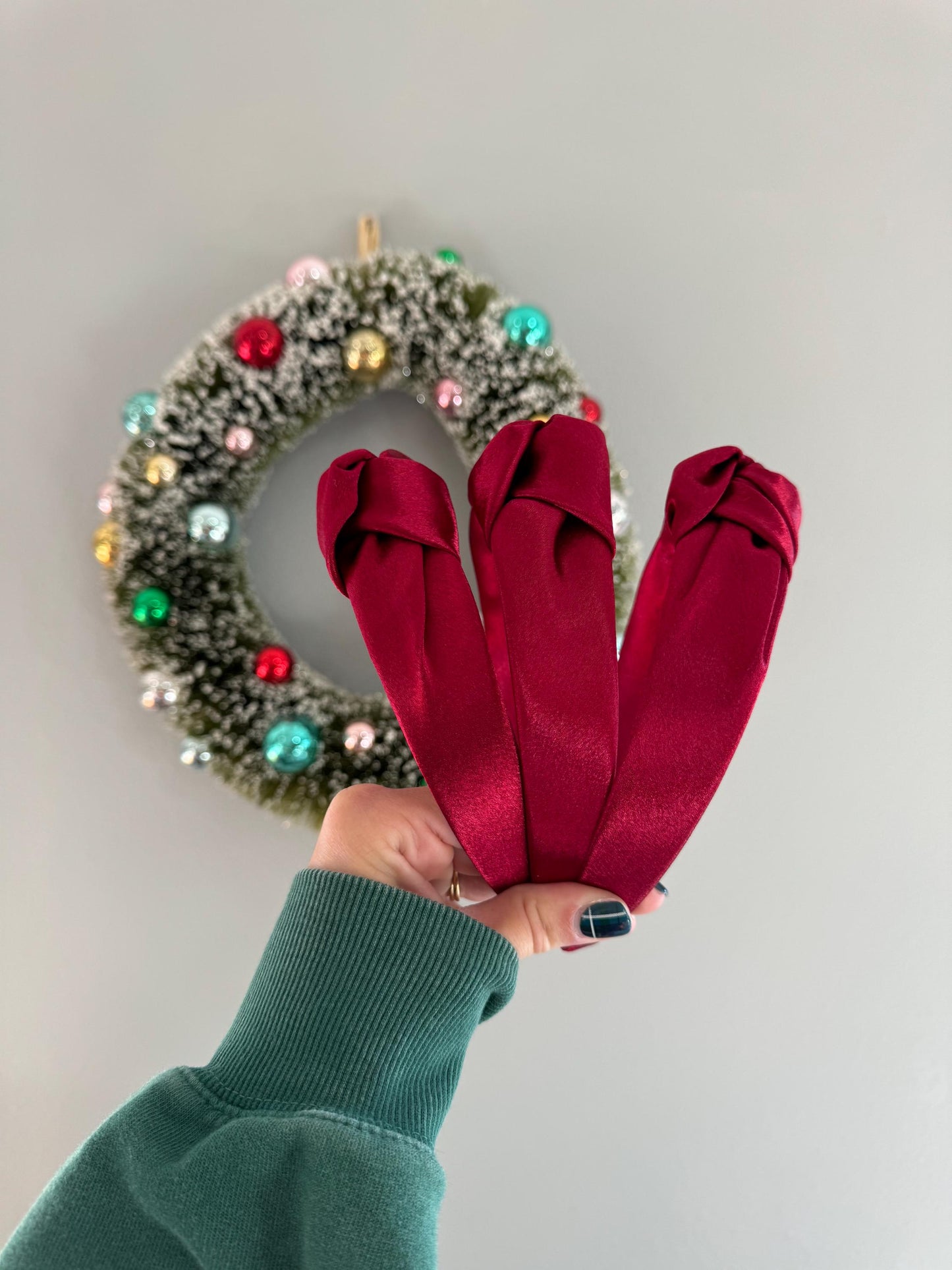 Red Satin Top Knot Headband, holiday plaid headband,  Hard Headband , Christmas  Headband, Bendable Headband, Brynnbands