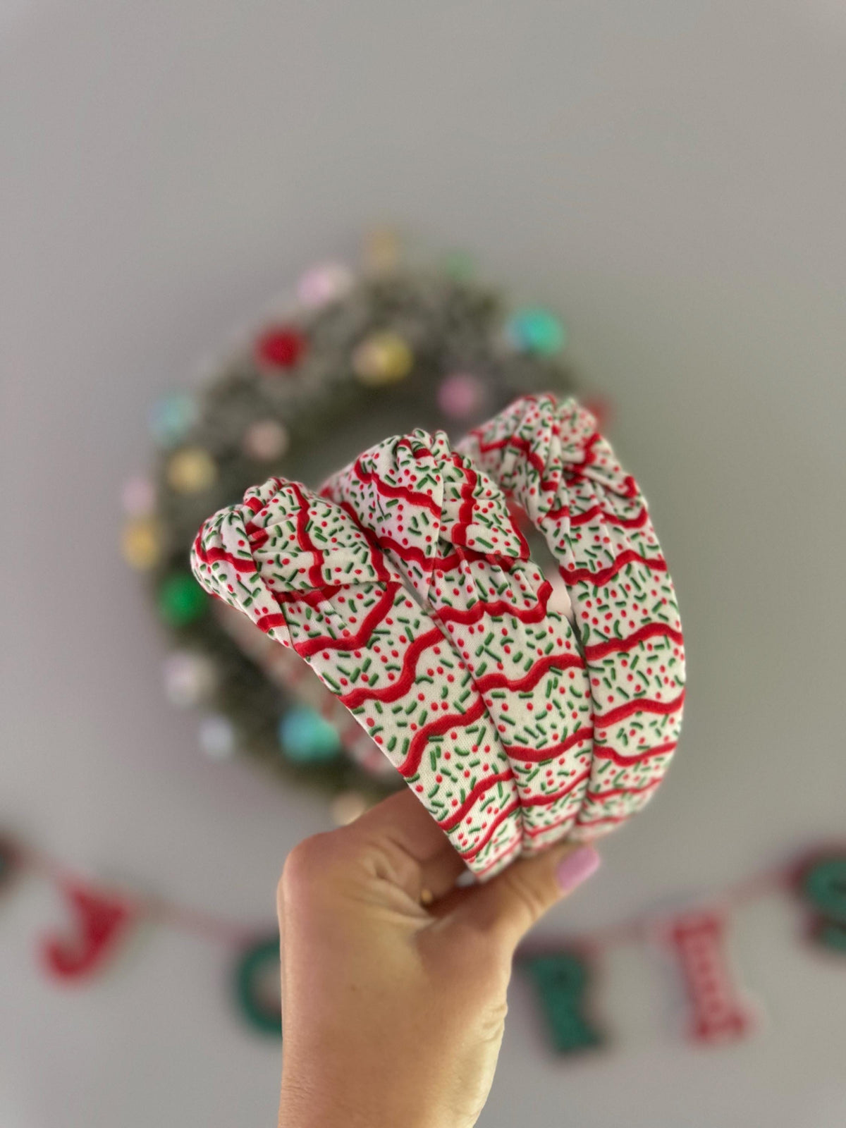Sprinkle Christmas Tree Cakes Top Knot Headband, holiday headband, Hard Headband Christmas  Headband, Bendable Headband, Brynnbands
