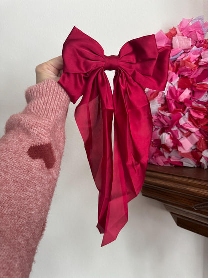 Red Satin Hair Bow Barrette, Coquette Large Bow