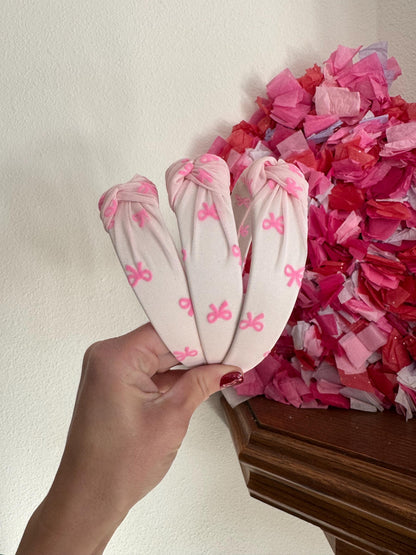 Pink Bow Top Knot Headband, Handmade Adjustable Fit