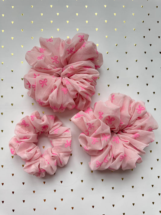 Pink Bows Mesh Scrunchie, Organza Hair Tie