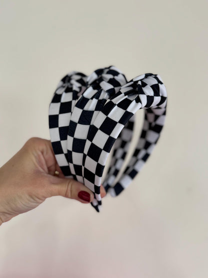 Black White Checkered Knotted Headband, Classic Fabric Hair Accessory