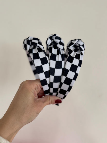Black White Checkered Knotted Headband, Classic Fabric Hair Accessory