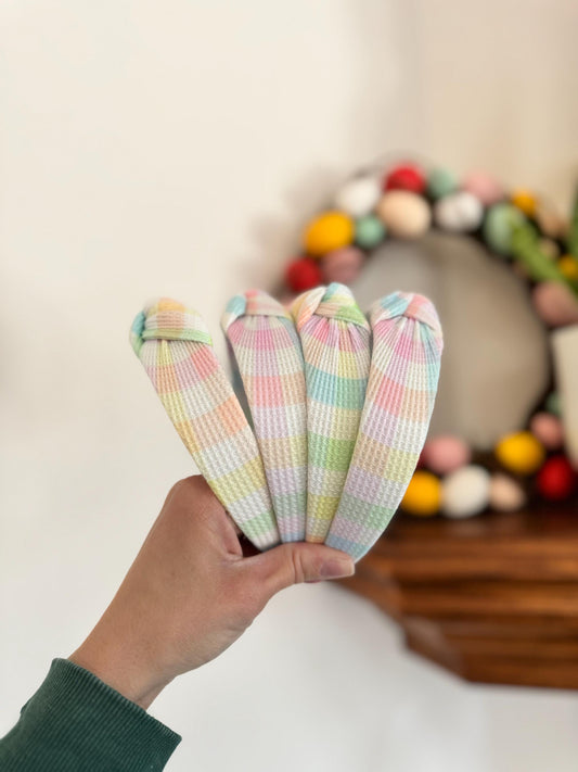 Pastel Gingham Waffle Knit Top Knot Headband - Brynnbands