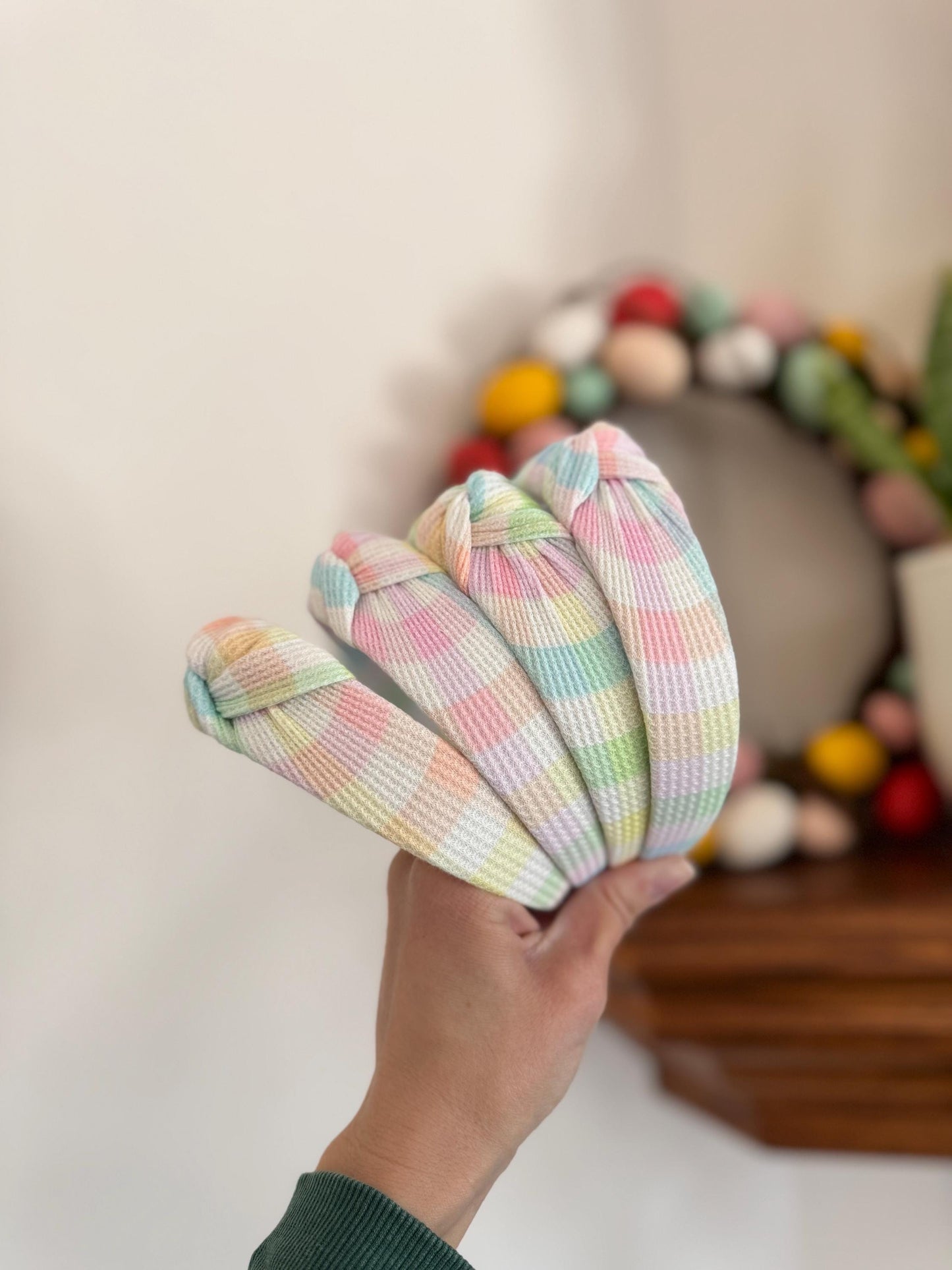 Pastel Gingham Waffle Knit Top Knot Headband - Brynnbands