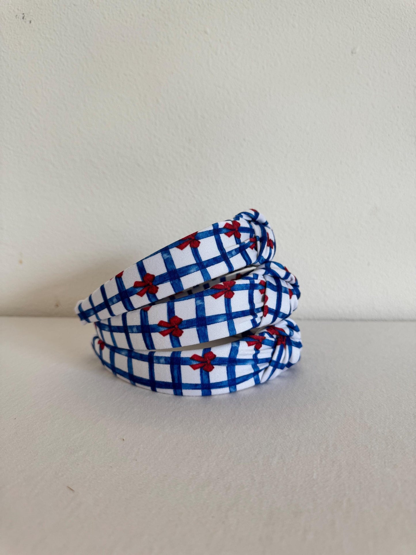Blue Gingham Red Bows Headband, Hard Headband, Hair Headband, Headband, Brynnbands, Patriotic Headband, 4th of July Hair, 4th of July