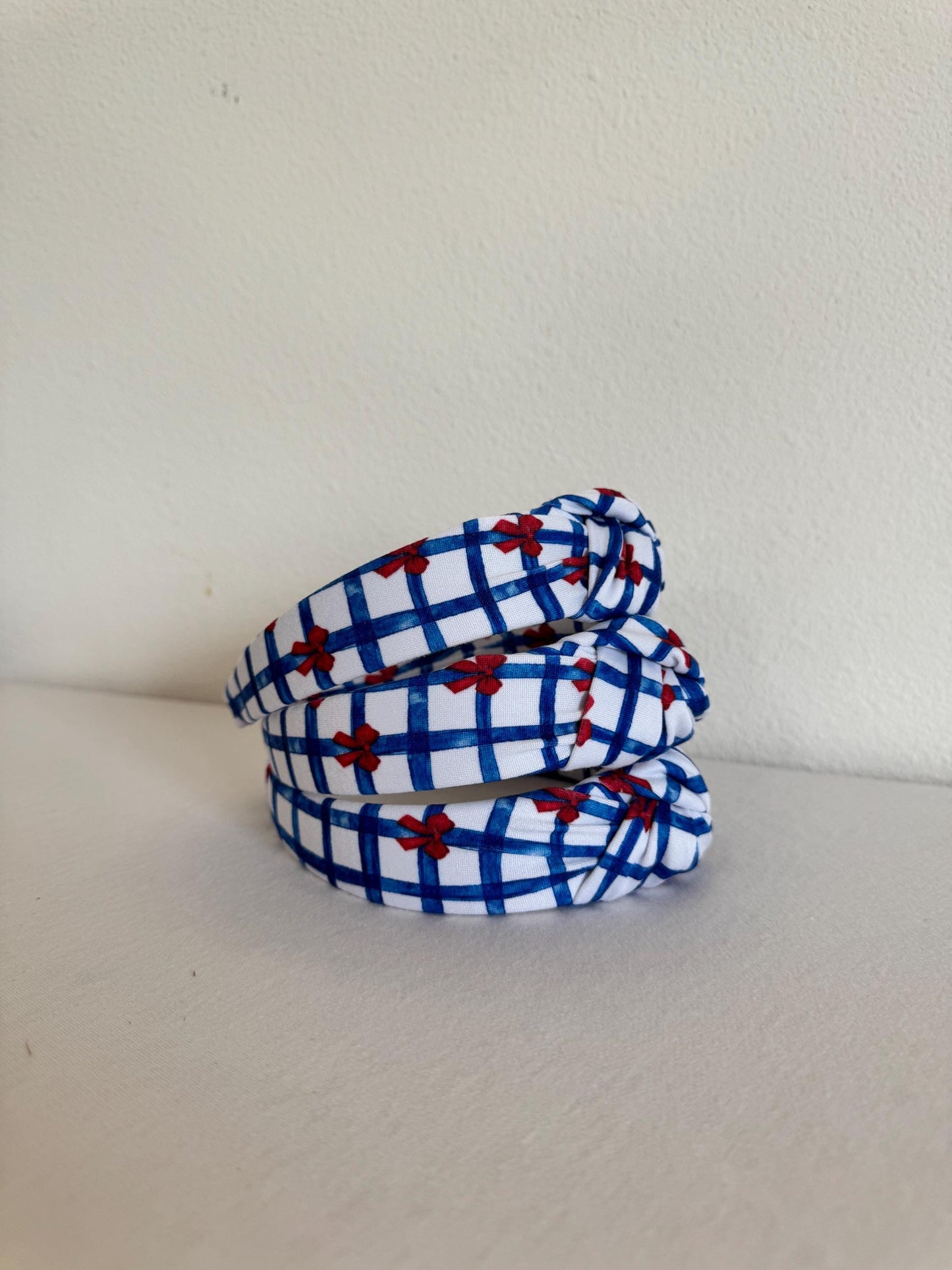Blue Gingham Red Bows Headband, Hard Headband, Hair Headband, Headband, Brynnbands, Patriotic Headband, 4th of July Hair, 4th of July