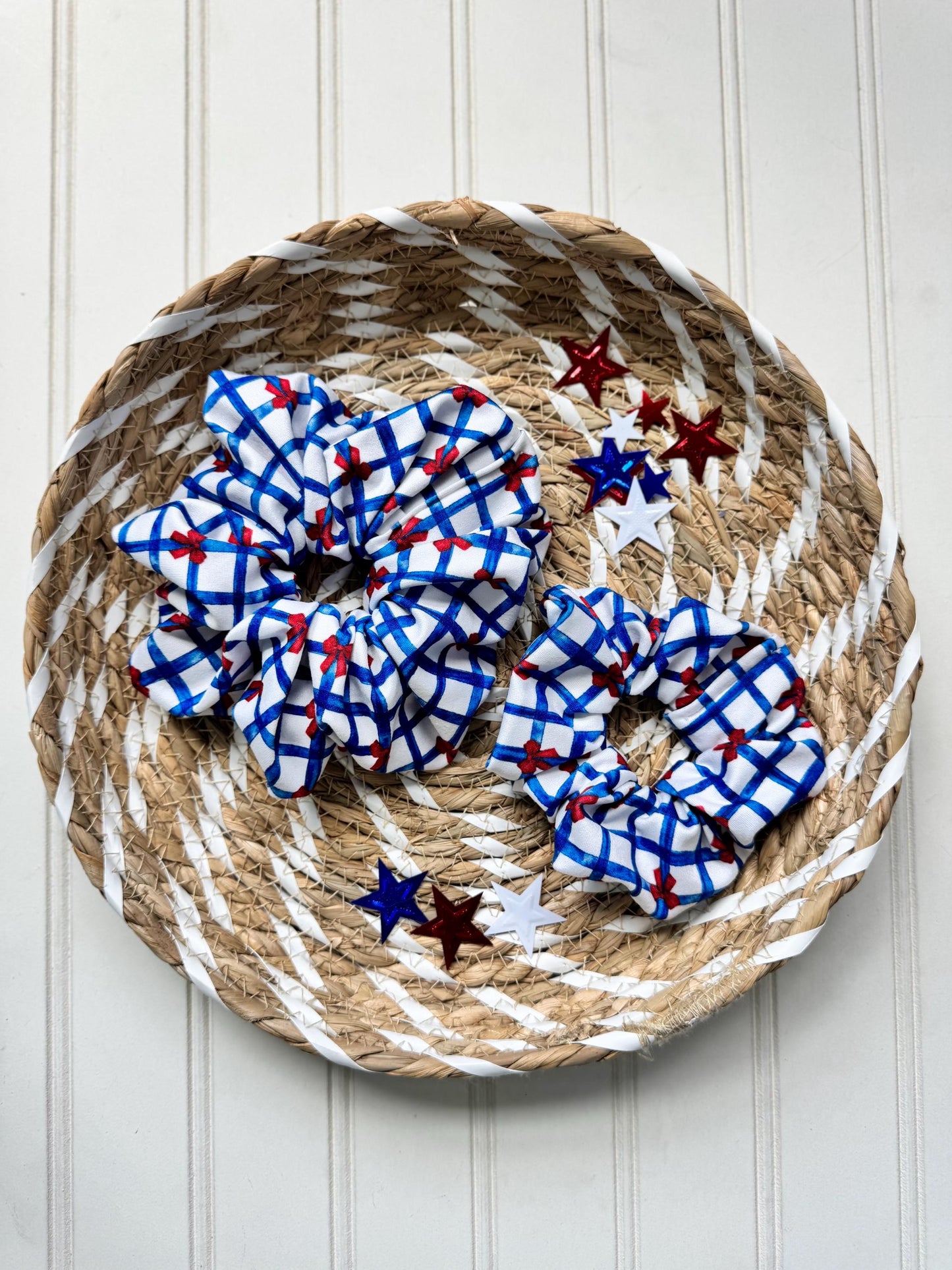 Blue Gingham Scrunchie: Red Bow, Patriotic Hair Accessory