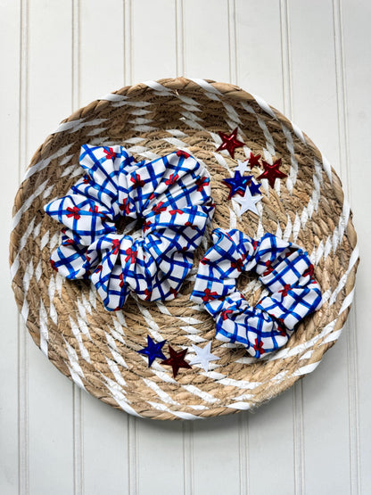 Blue Gingham Scrunchie: Red Bow, Patriotic Hair Accessory