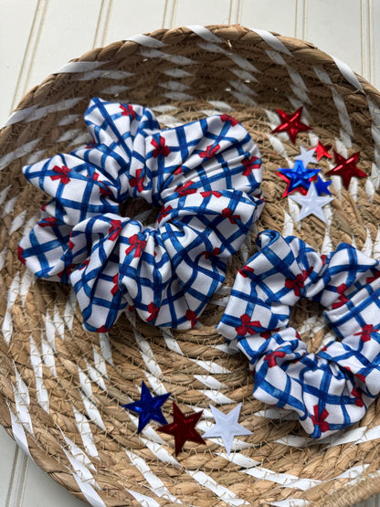 Blue Gingham Scrunchie: Red Bow, Patriotic Hair Accessory