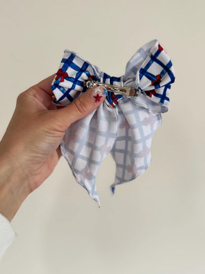 Blue Gingham with Red Bows Fable Bows, Bow Hair Clip, Barrette Hair Clip, 4th of July Clip, 4th of July, Barrette, Brynnbands